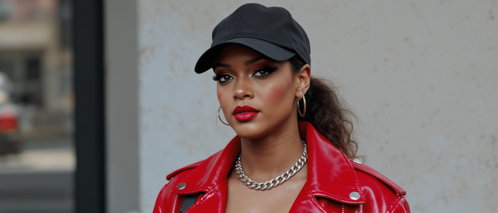 Rihanna r&eacute;volutionne le sportswear : veste en cuir rouge, casquette styl&eacute;e et ceinture cha&icirc;ne en t&ecirc;te d’affiche