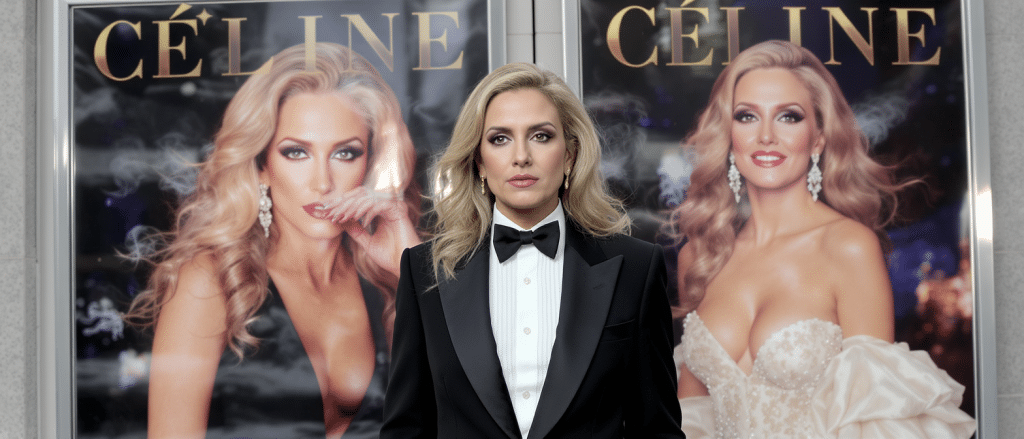 C&eacute;line Dion fait sensation : retour glamour en smoking &eacute;l&eacute;gant et robe de gala sur les affiches de sa tourn&eacute;e
