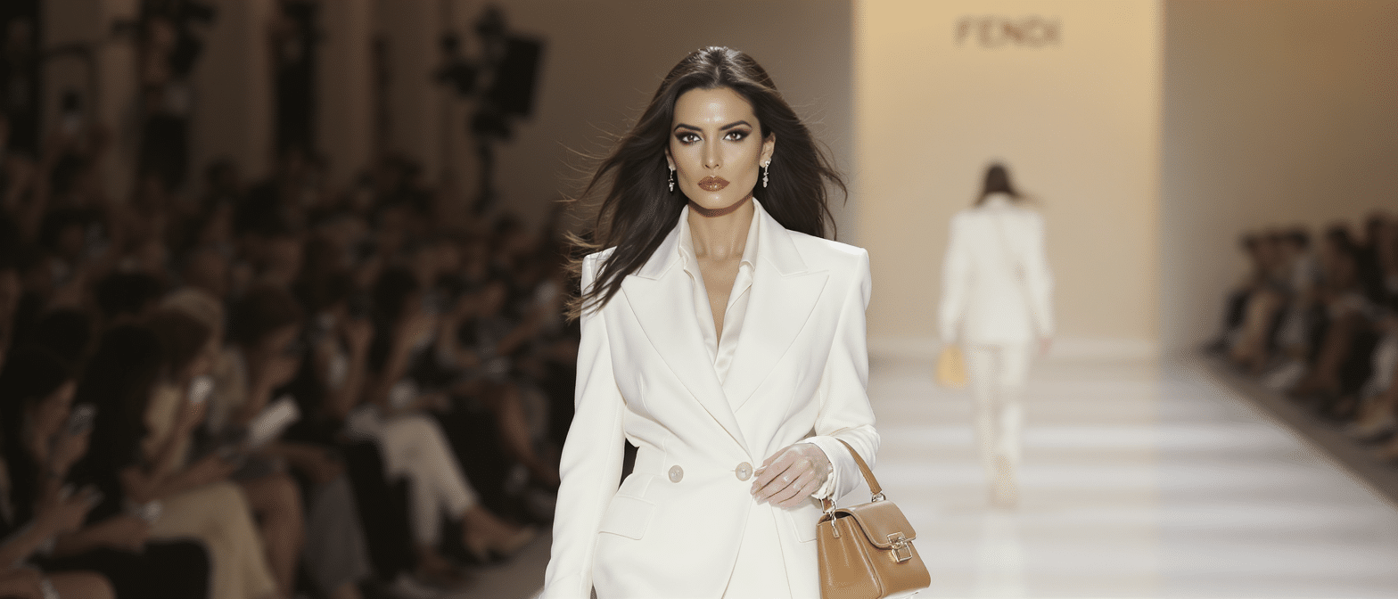 Monica Bellucci &eacute;merveille au d&eacute;fil&eacute; Fendi avec un tailleur-pantalon blanc immacul&eacute;, abandonnant sa teinte mythique
